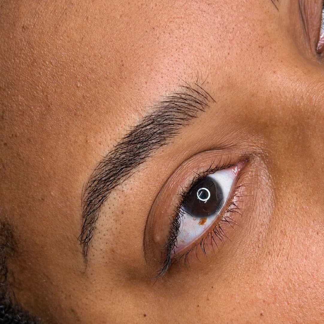 Healed microblading in close-up, individual hair-like strokes following the natural brow, Brows by Aylin, Marietta GA